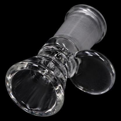 Angled close-up of the clear Smoke Cartel Funnel Bowl - Female 14mm showing the frosted joint and polished glass bowl against a black background
