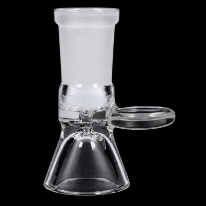 Close-up front view of the Smoke Cartel Funnel Bowl - Female 14mm showing clear glass construction and a frosted joint against a black background