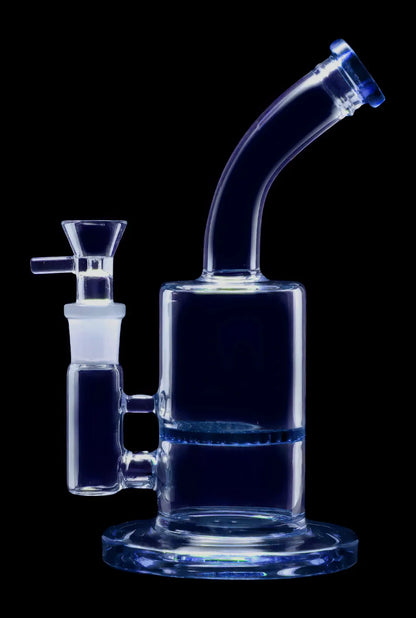 Blue glass water pipe (bong) with multiple chambers.