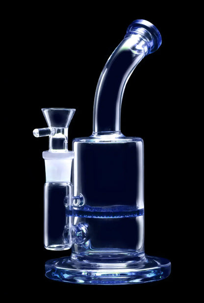 Blue glass water pipe, also known as a bong, against a black background.