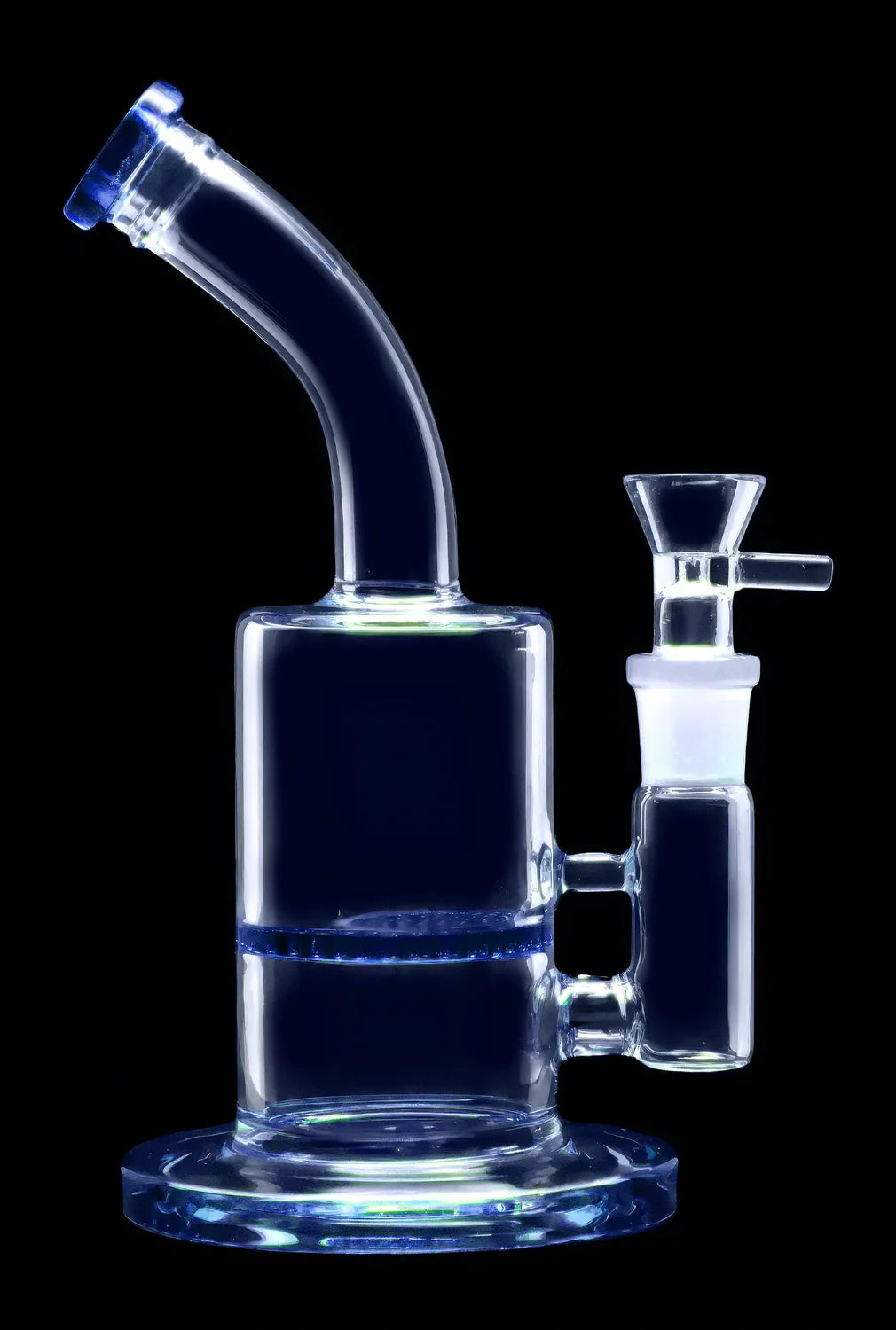 Clear glass water pipe (bubbler) with a flared base and separate glass bowl, isolated on black.