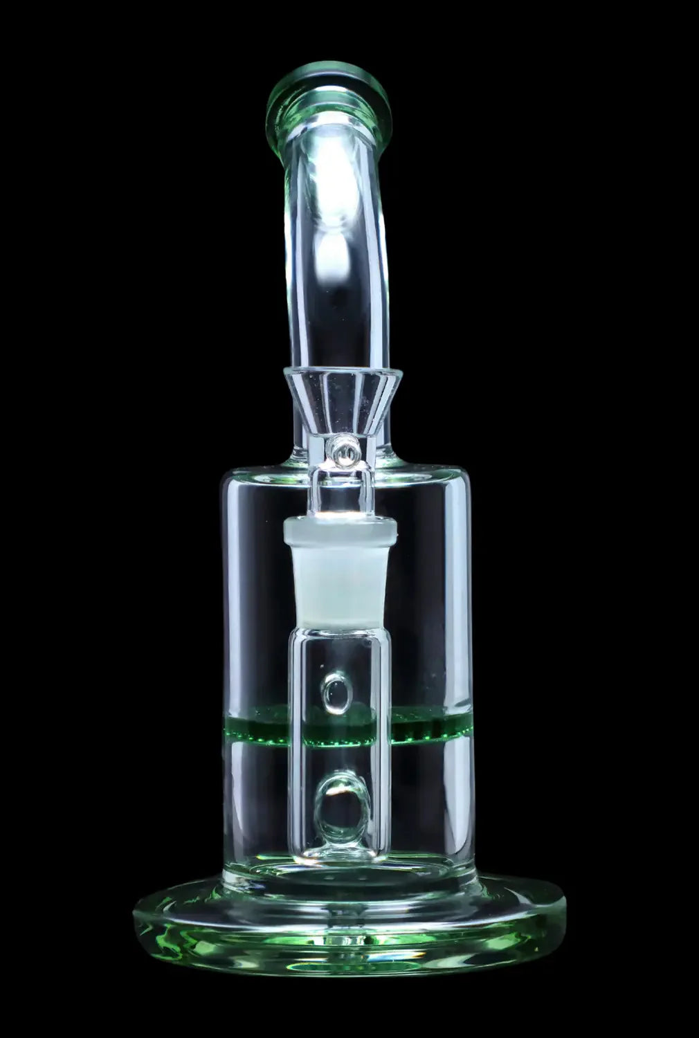 Green glass water pipe (rig) with percolators, isolated on a black background.