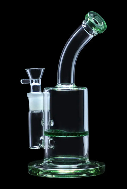 Green and clear glass water pipe (bong) with percolator, isolated on a black background.