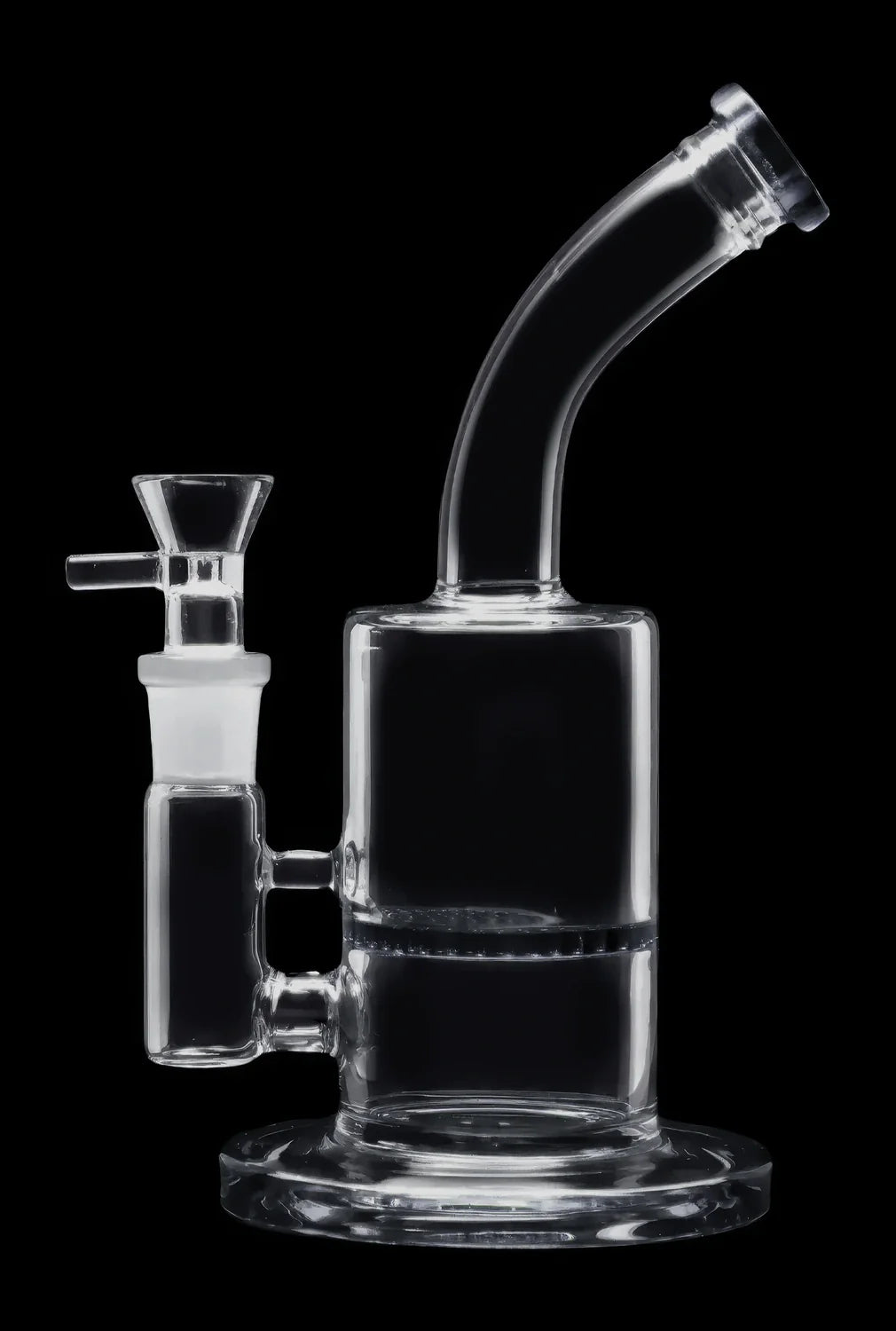 Clear glass bubbler water pipe with a removable downstem, isolated on a black background.