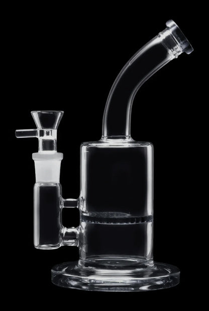 Clear glass bubbler water pipe with a removable downstem, isolated on a black background.