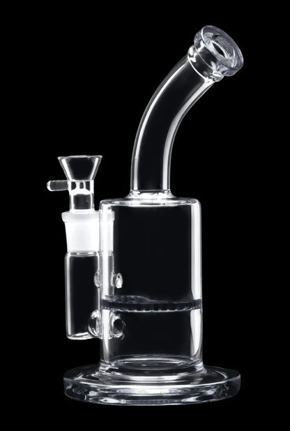 Clear glass bubbler water pipe with angled neck.