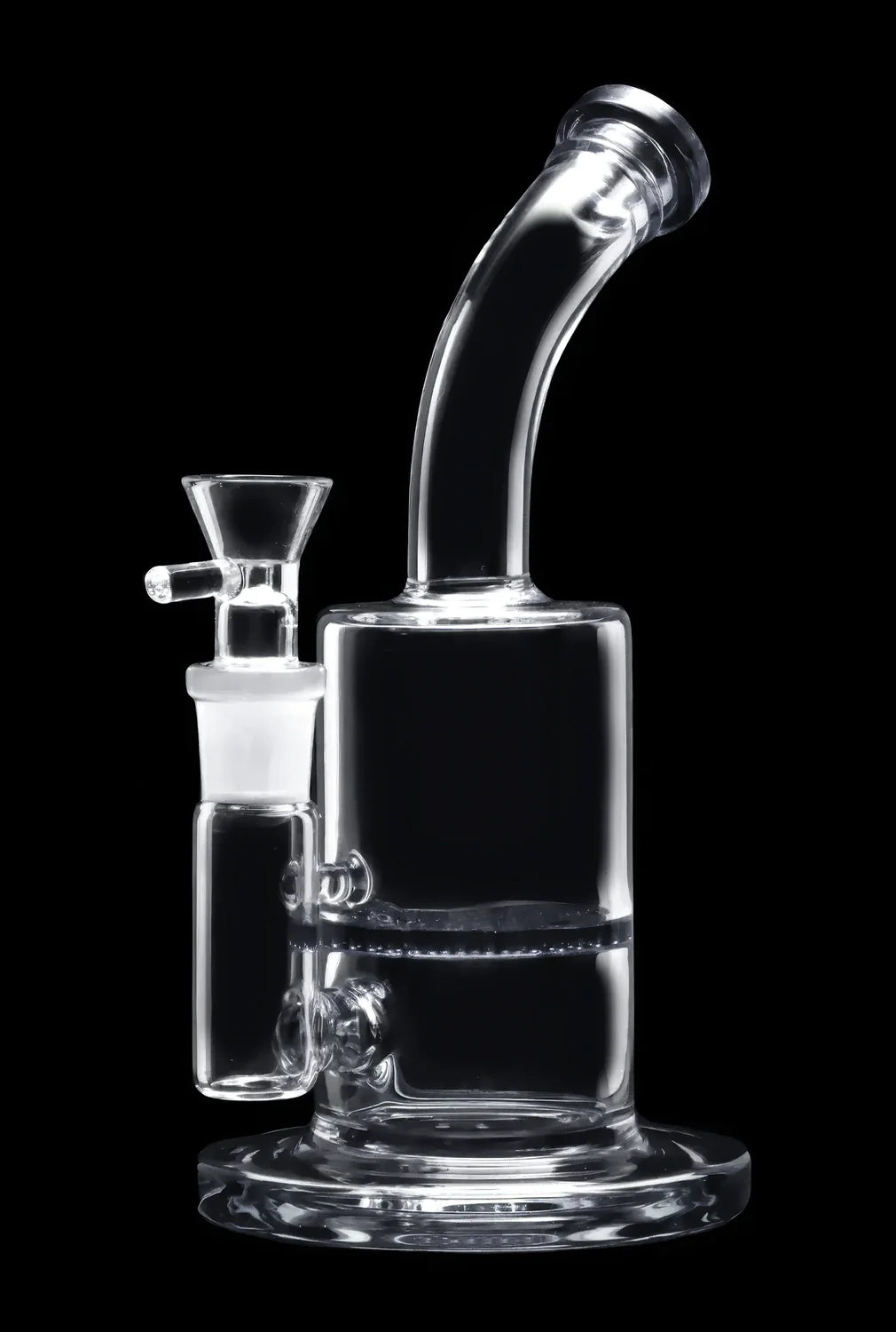 Clear glass bubbler water pipe with an angled neck and ice pinch.