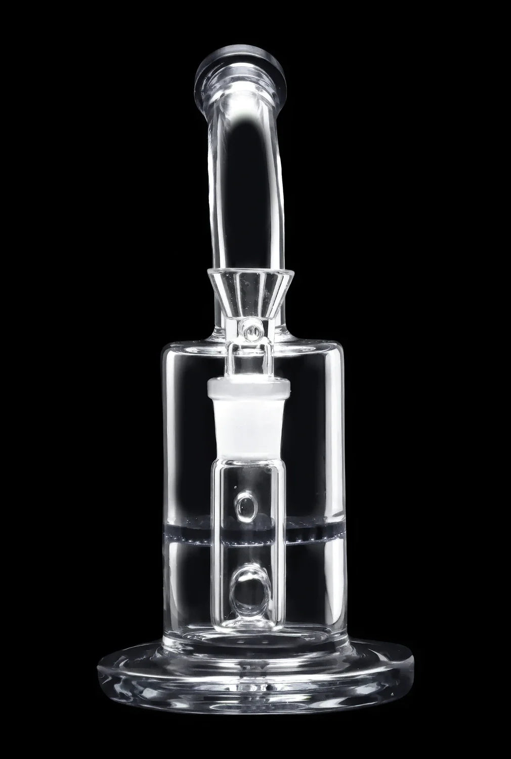 Clear glass rig with percolator, isolated on a black background.