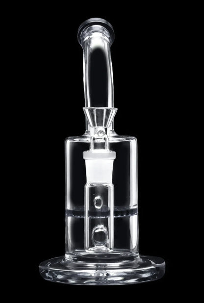 Clear glass rig with percolator, isolated on a black background.