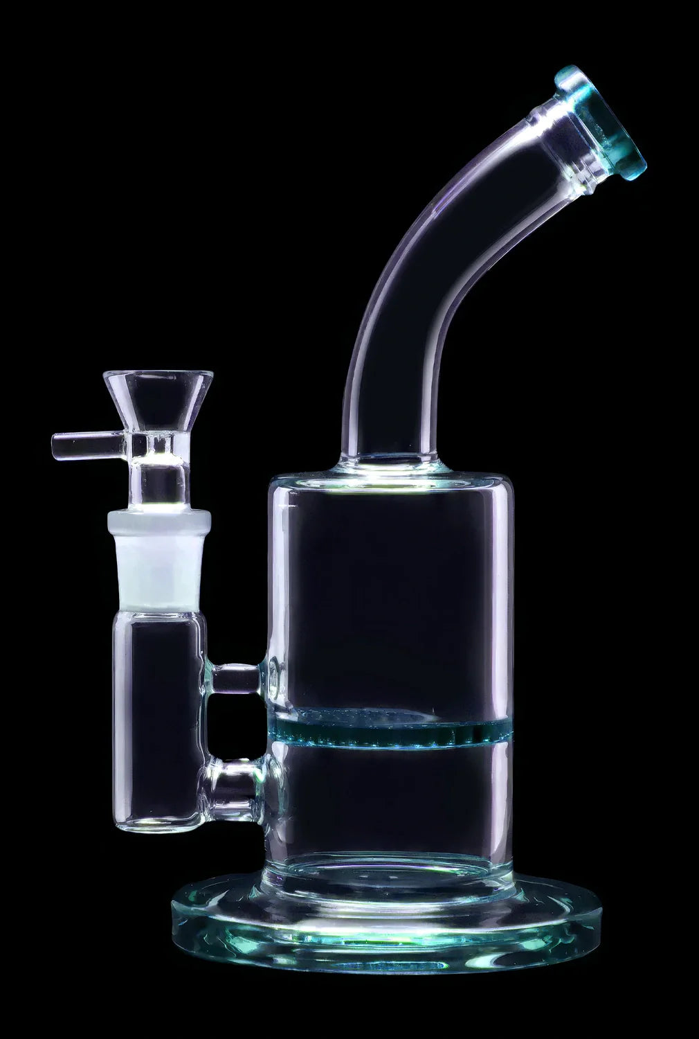 Clear glass water pipe (bong) with blue accents, isolated on a black background.