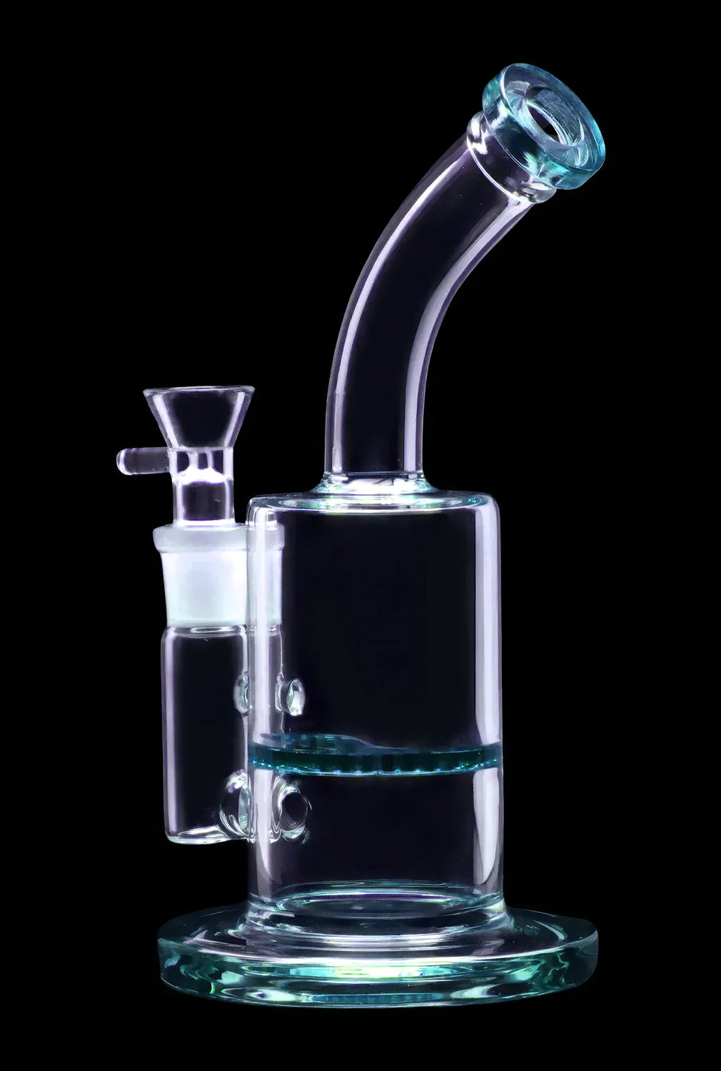 Clear glass water pipe (rig) with blue accents, isolated on a black background.