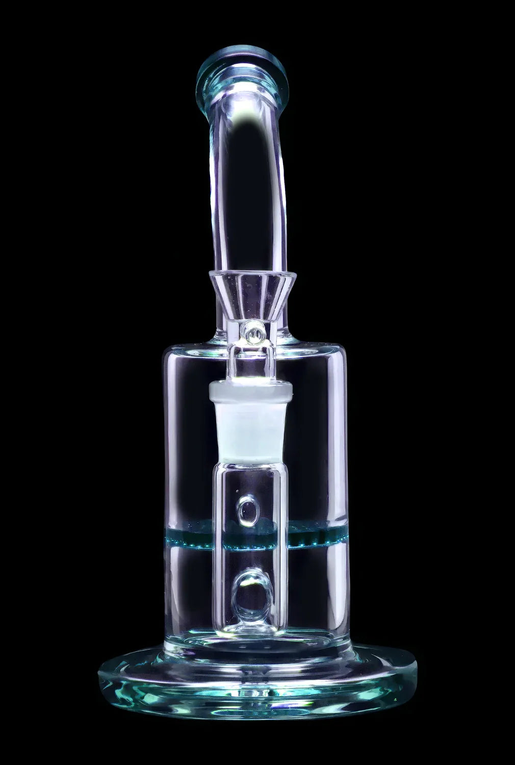A teal glass water pipe (rig) with a perc filtration system, isolated on a black background.