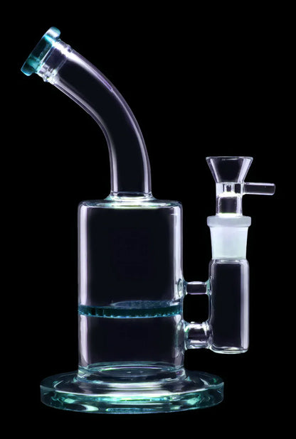Clear glass water pipe (bong) with a flared base and separate bowl piece, isolated on a black background.