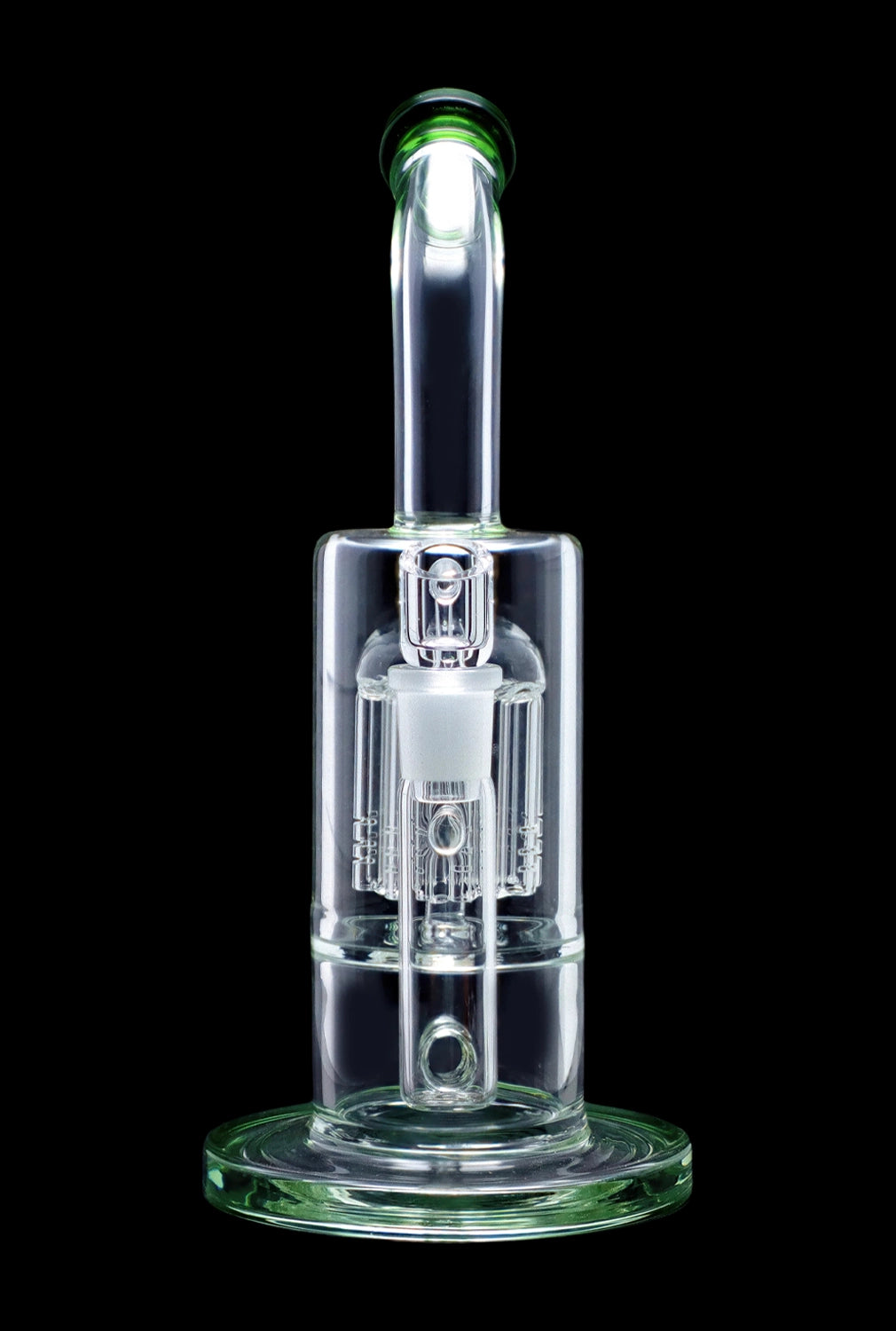 Clear glass dab rig with intricate percolators, isolated on a black background.