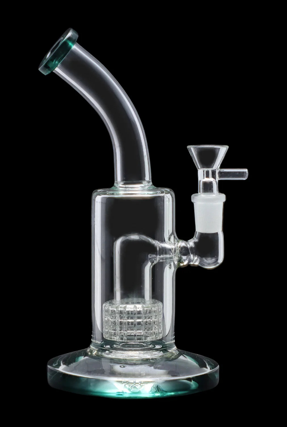 Clear glass water pipe (bong) with intricate percolator and colored accents, isolated on a black background.