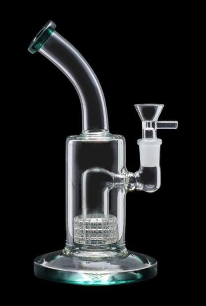 Clear glass water pipe (bong) with intricate percolator and colored accents, isolated on a black background.