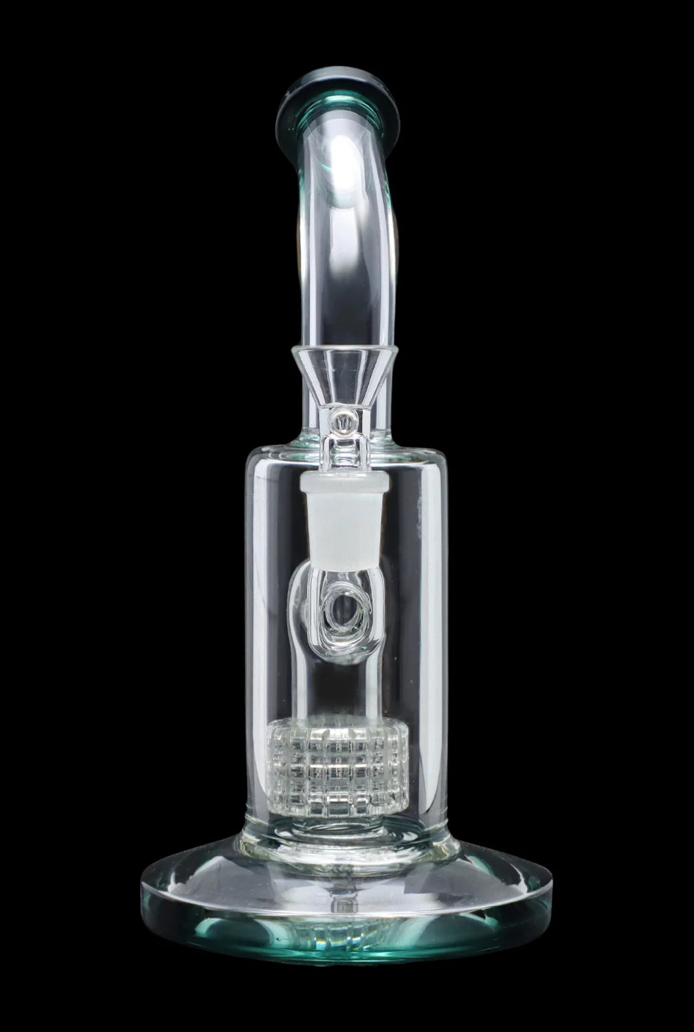 Clear glass bubbler with intricate perc filtration system, isolated on a black background.