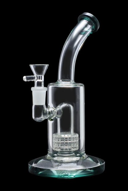 Clear glass water pipe (bong) with intricate percolator chamber.