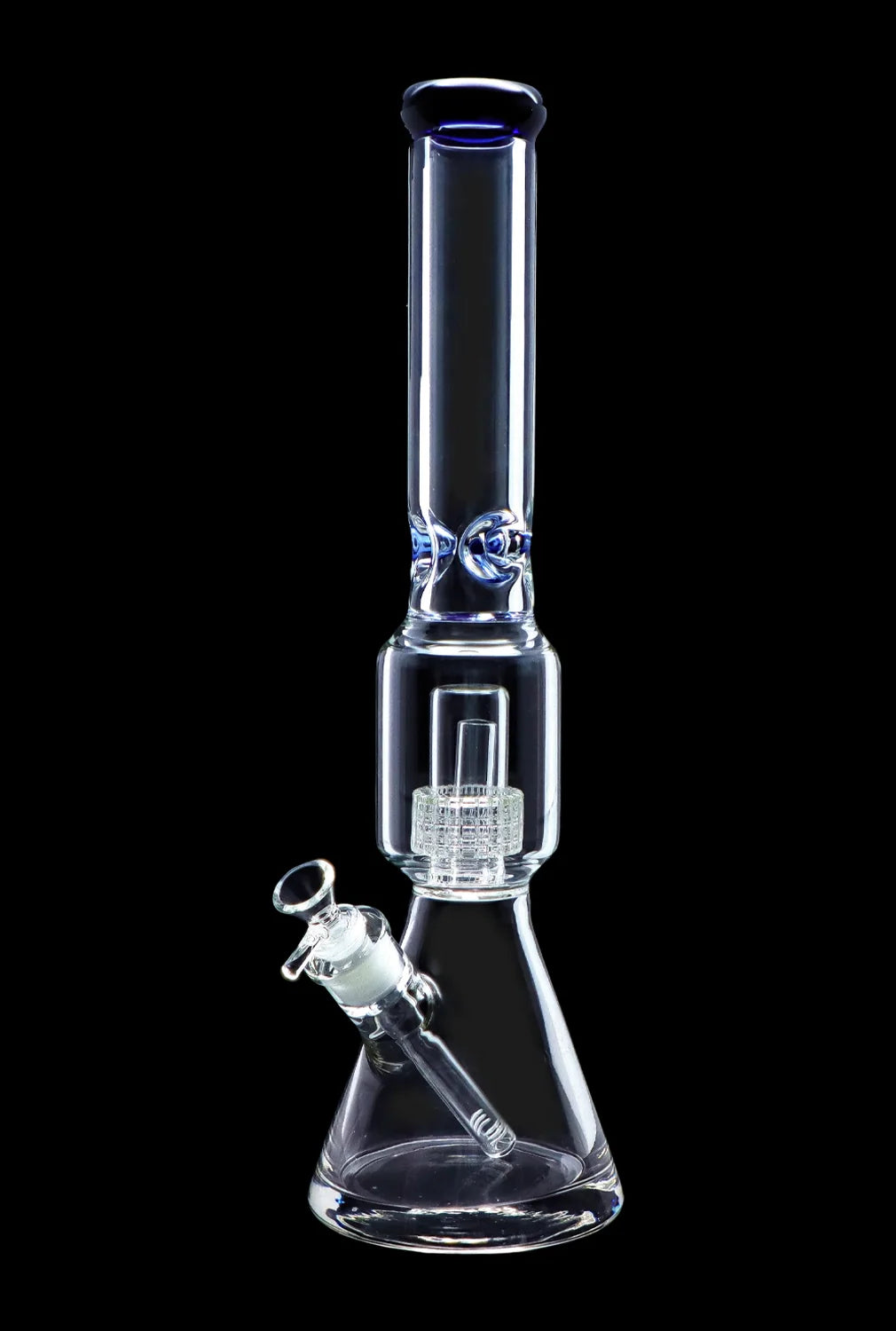 Clear glass water pipe (bong) with intricate percolator filtration system.