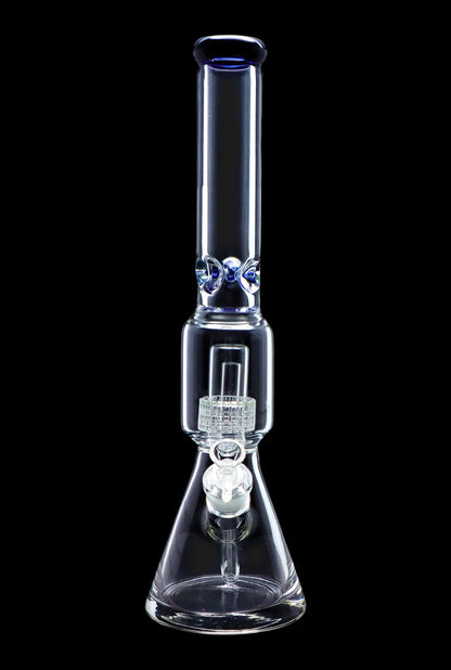 Clear glass water pipe (bong) with intricate percolator and blue accents, isolated on a black background.