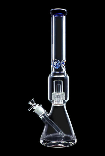 Front view of the 16-inch Beaker w/ Perc & Color Mouthpiece, showcasing the blue mouthpiece detail against a black background.
