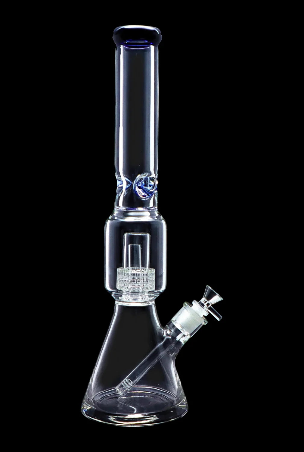 Clear glass bong with intricate percolator filtration system, isolated on a black background.