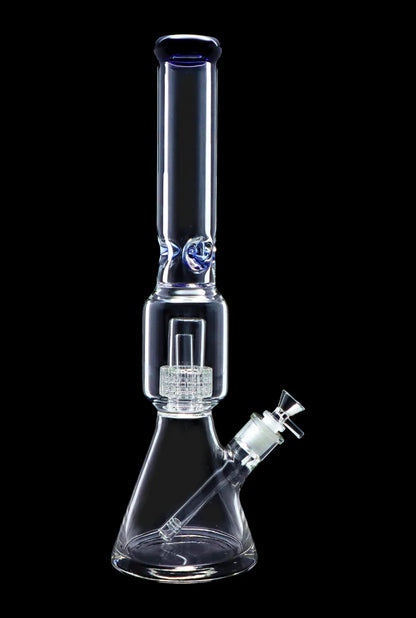Clear glass bong with intricate percolator filtration system, isolated on a black background.