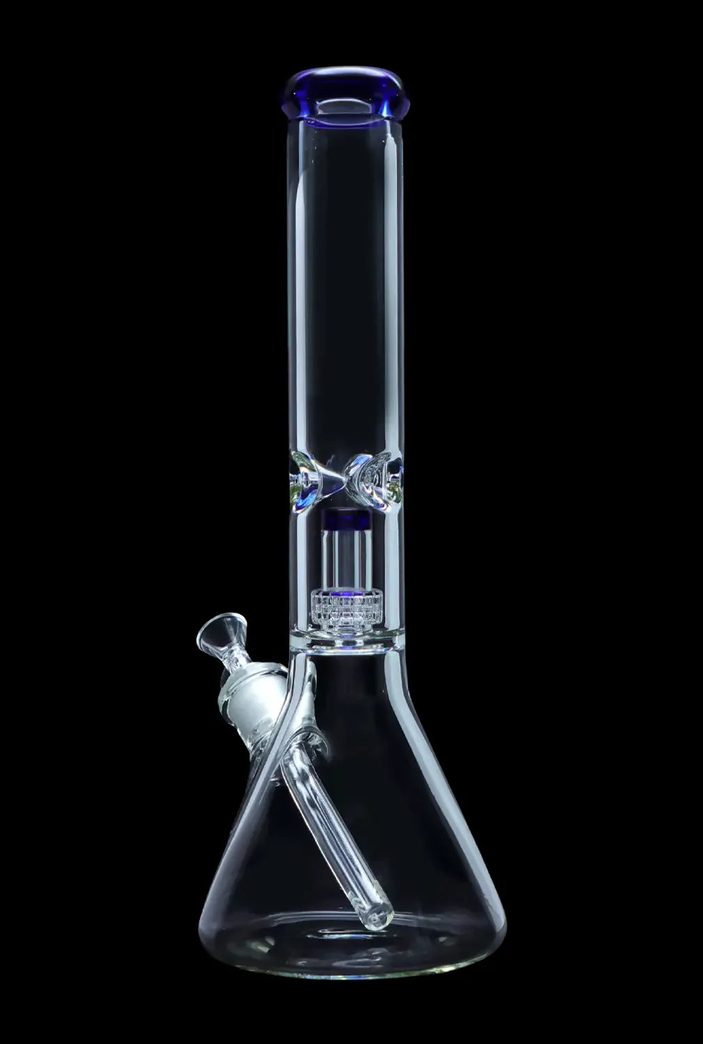 Clear glass bong with percolator, isolated on black.