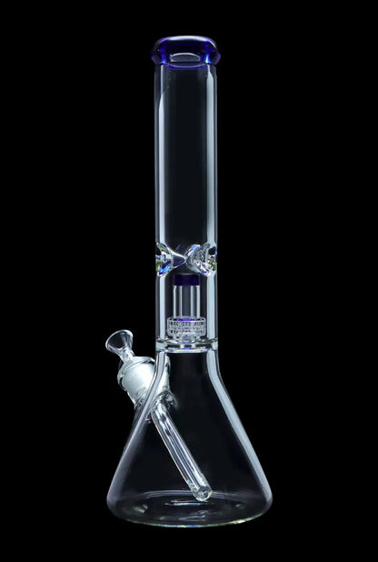Clear glass bong with percolator, isolated on black.