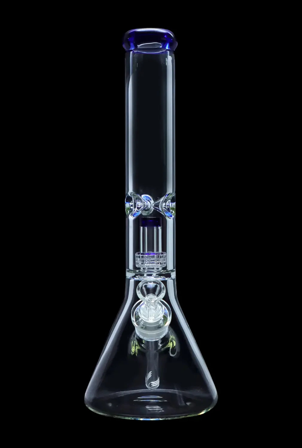 Clear glass bong with blue accents and intricate perc filtration system, isolated on black.