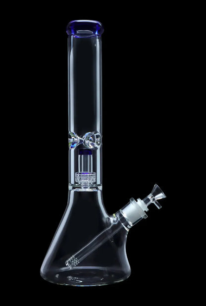 Glass water pipe (bong) with blue accents and intricate percolator filtration system.