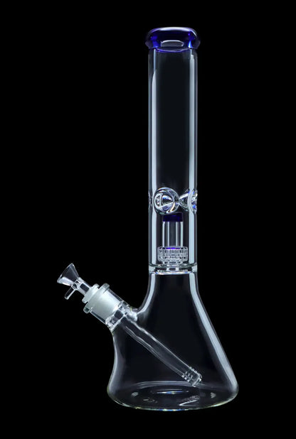 Glass bong with blue accents and intricate percolator.