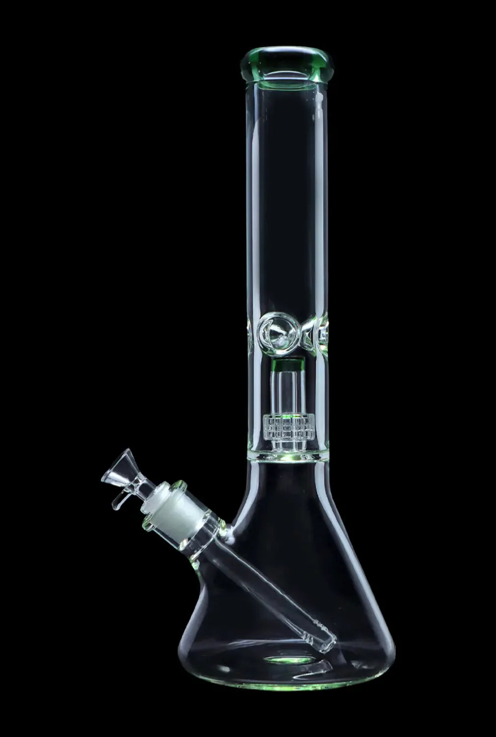 Clear glass water pipe (bong) with green accents, featuring a percolator and bowl piece.
