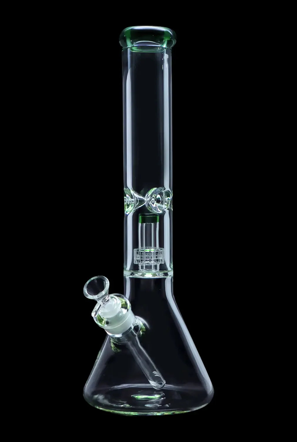 Green-accented glass bong with intricate percolator, isolated on black.