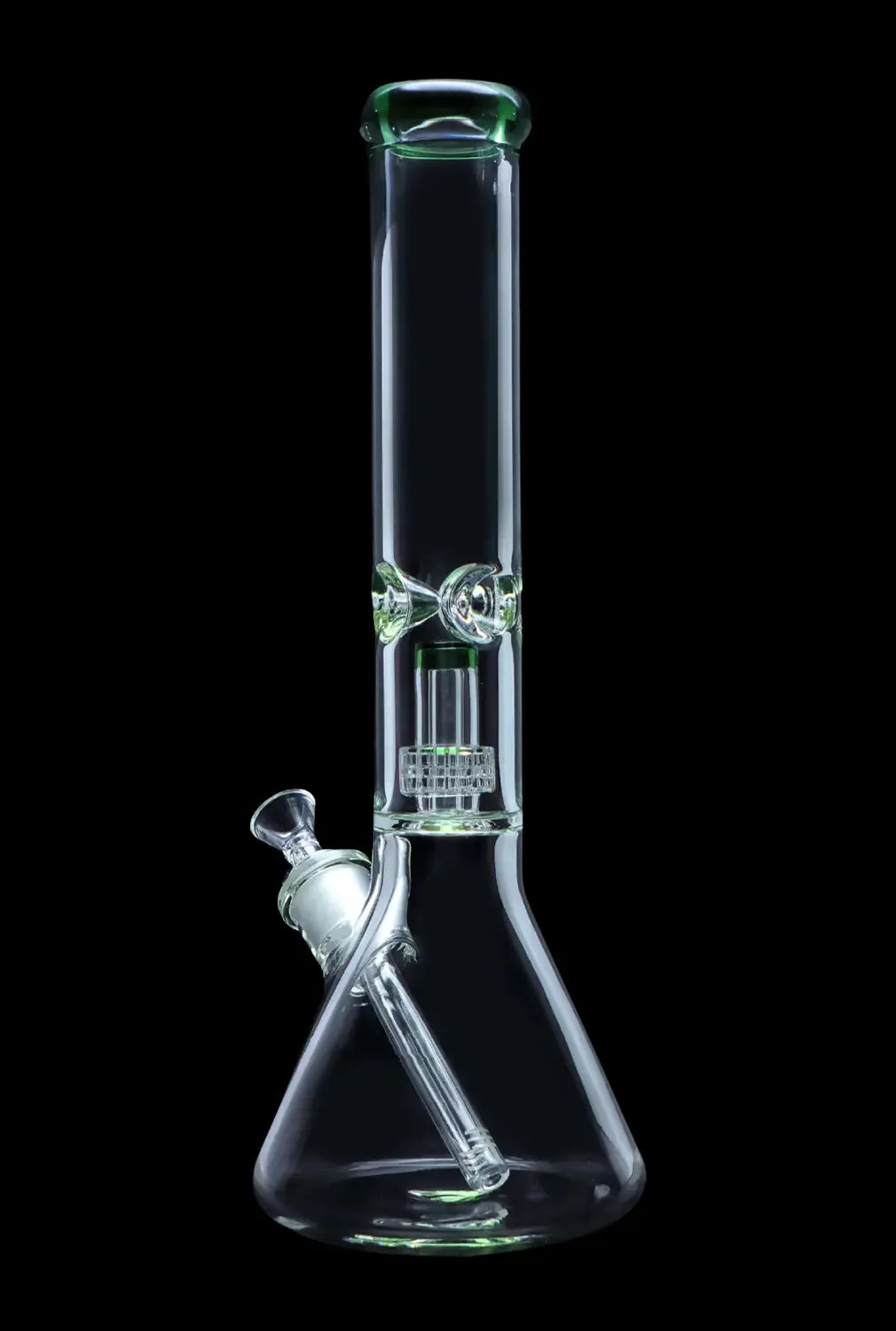 A tall, clear glass bong with green accents and a complex percolator chamber, isolated on a black background.