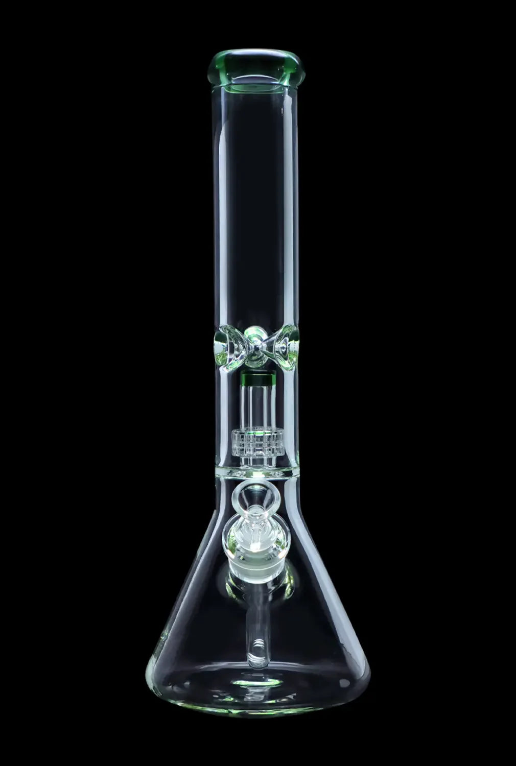 A tall, clear glass bong with green accents and a complex percolator visible inside, isolated on a black background.