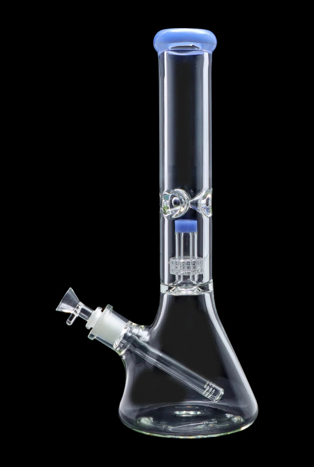 Clear glass bong with blue accents and percolators, isolated on a black background.