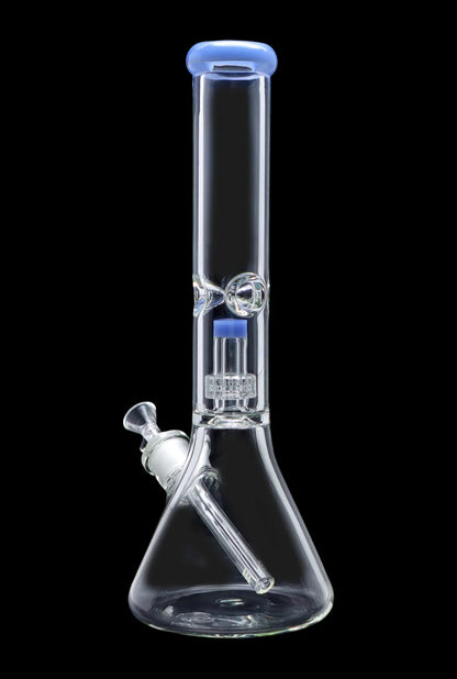 Clear glass bong with blue accents and intricate percolator.