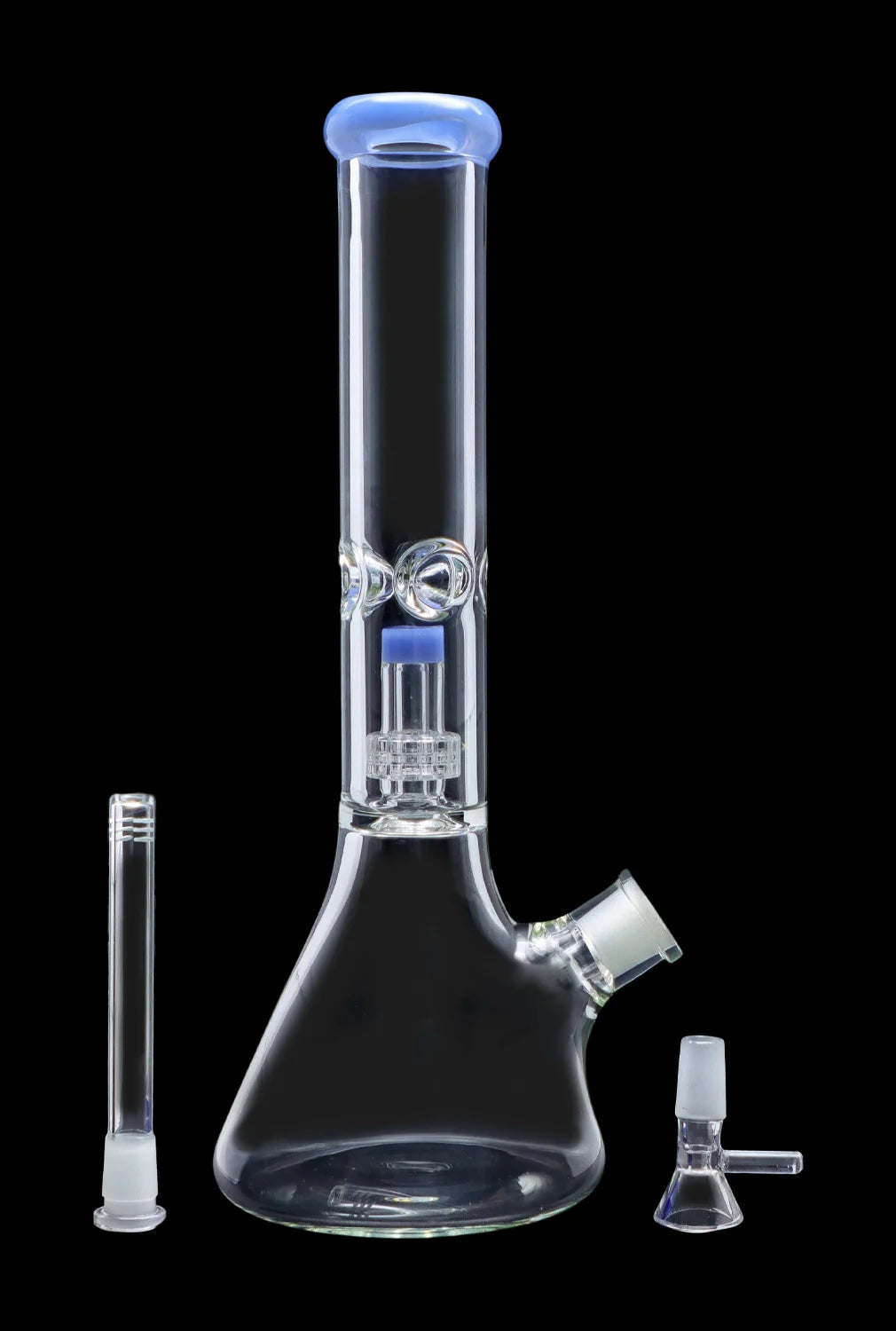 Clear glass water pipe (bong) with blue accents, displayed with separate downstem and bowl pieces.