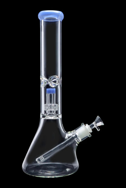 Clear glass bong with blue accents and percolator.