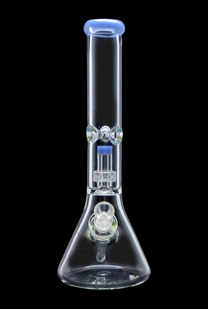 Clear glass bong with blue accents and intricate percolator filtration system.