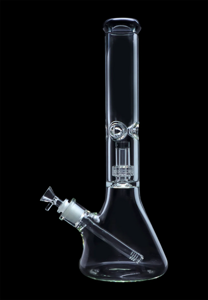 Clear glass water pipe (bong) with a percolator chamber, isolated on a black background.