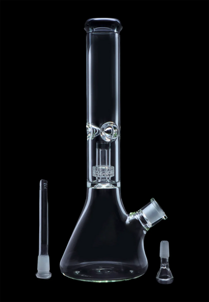Clear glass bong with ice catcher and downstem, displayed with separate glass pieces on a black background.