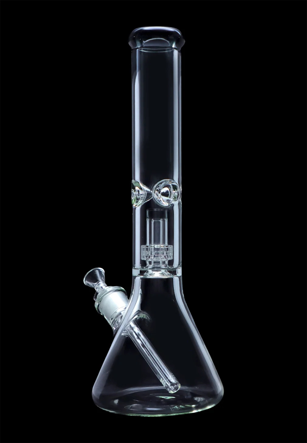 Clear glass bong with intricate percolator against a black background.