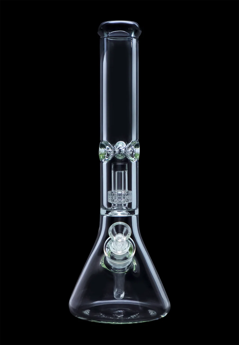 Clear glass bong with percolator, isolated on a black background.
