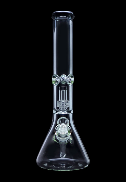 Clear glass bong with percolator, isolated on a black background.