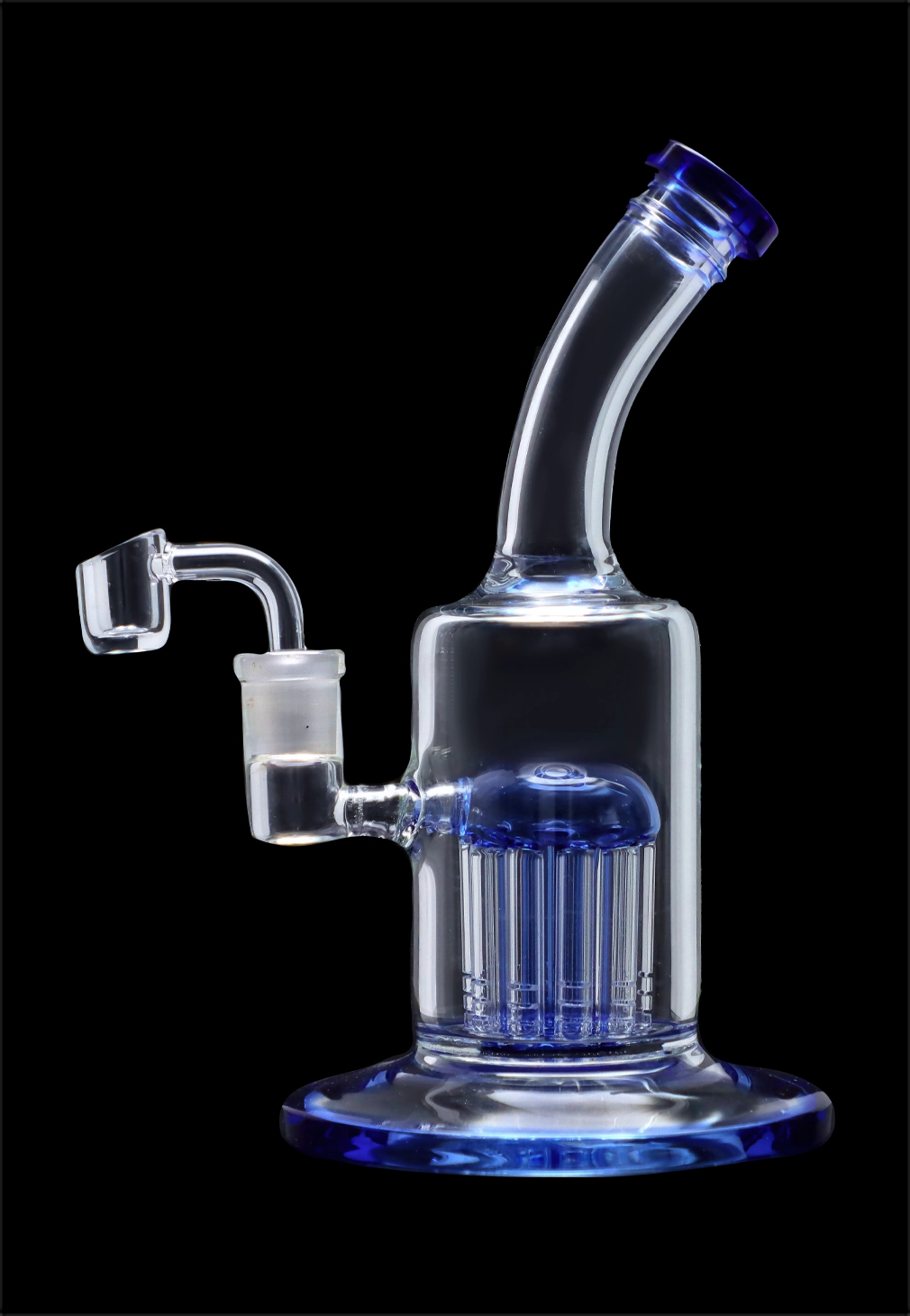 Blue glass dab rig with quartz banger.