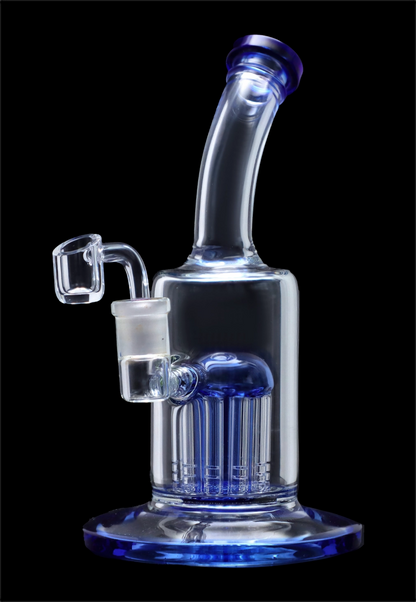 Blue glass water pipe (bong) with multiple diffusion arms.