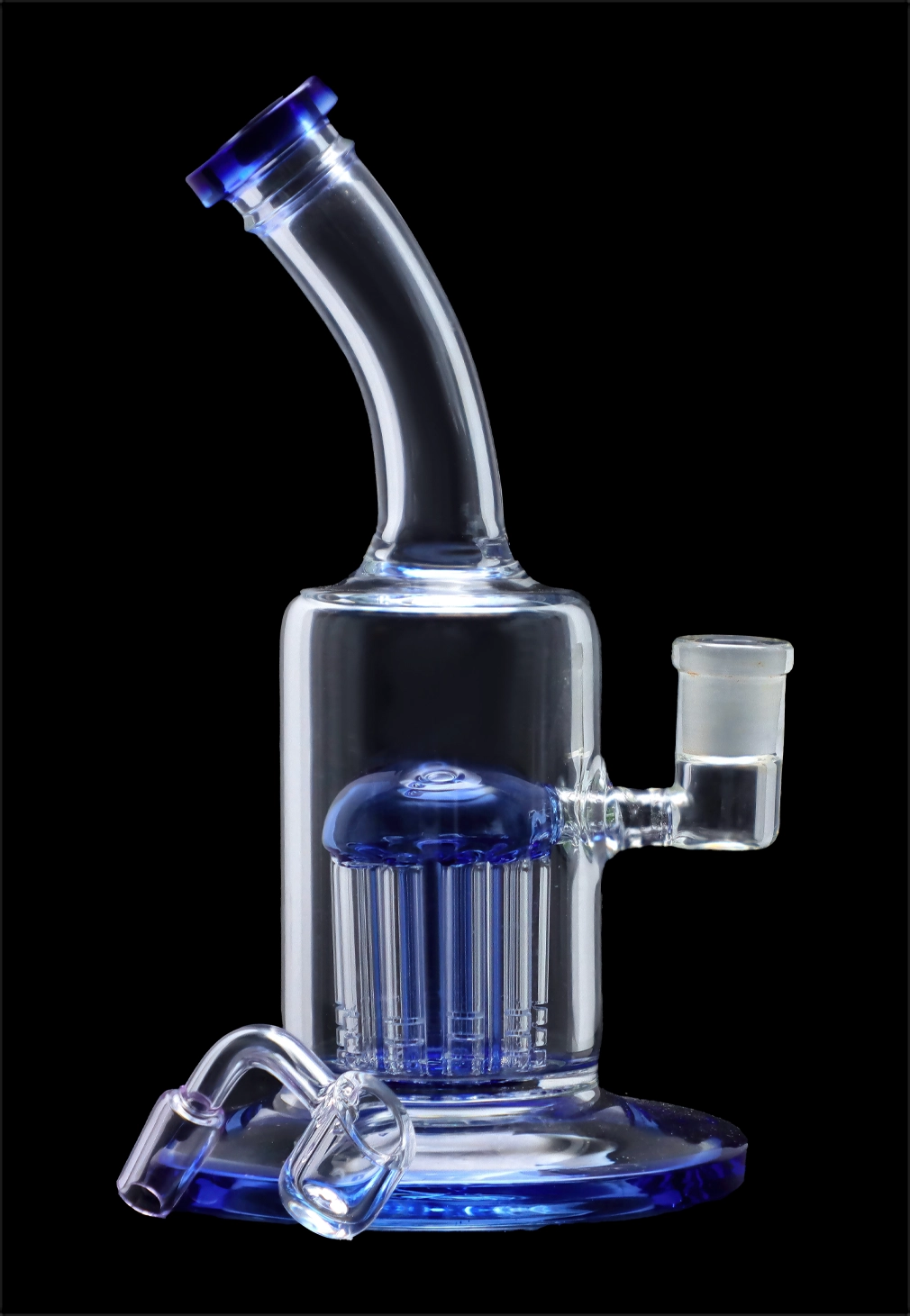 Blue glass water pipe (bong) with diffuser and accessories on black background.