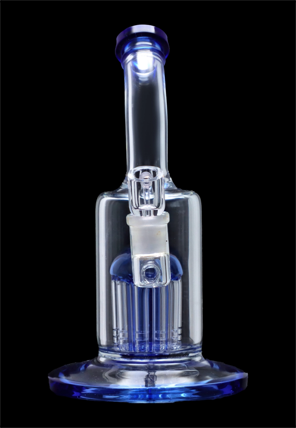 Blue glass water pipe (bong) with multiple diffusion stacks.